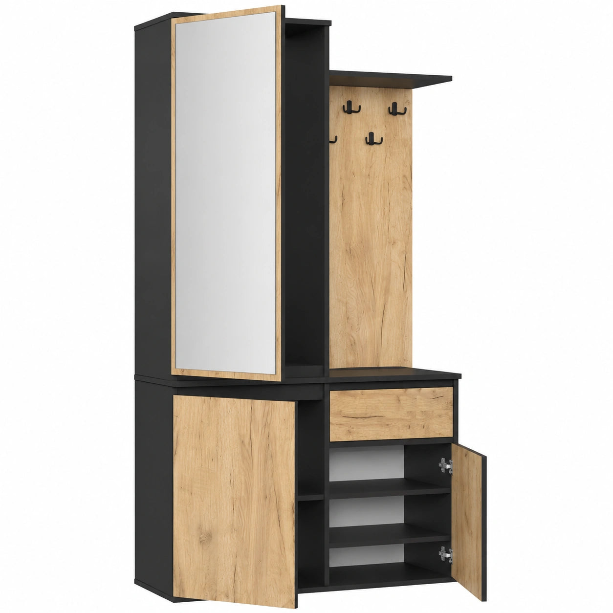 Garderoben-Set – 95 cm, Industriestil, mit Schubladen, mit mehreren Türen, mit Ablagen, aus Eichenholz, Schwarz, für Flur