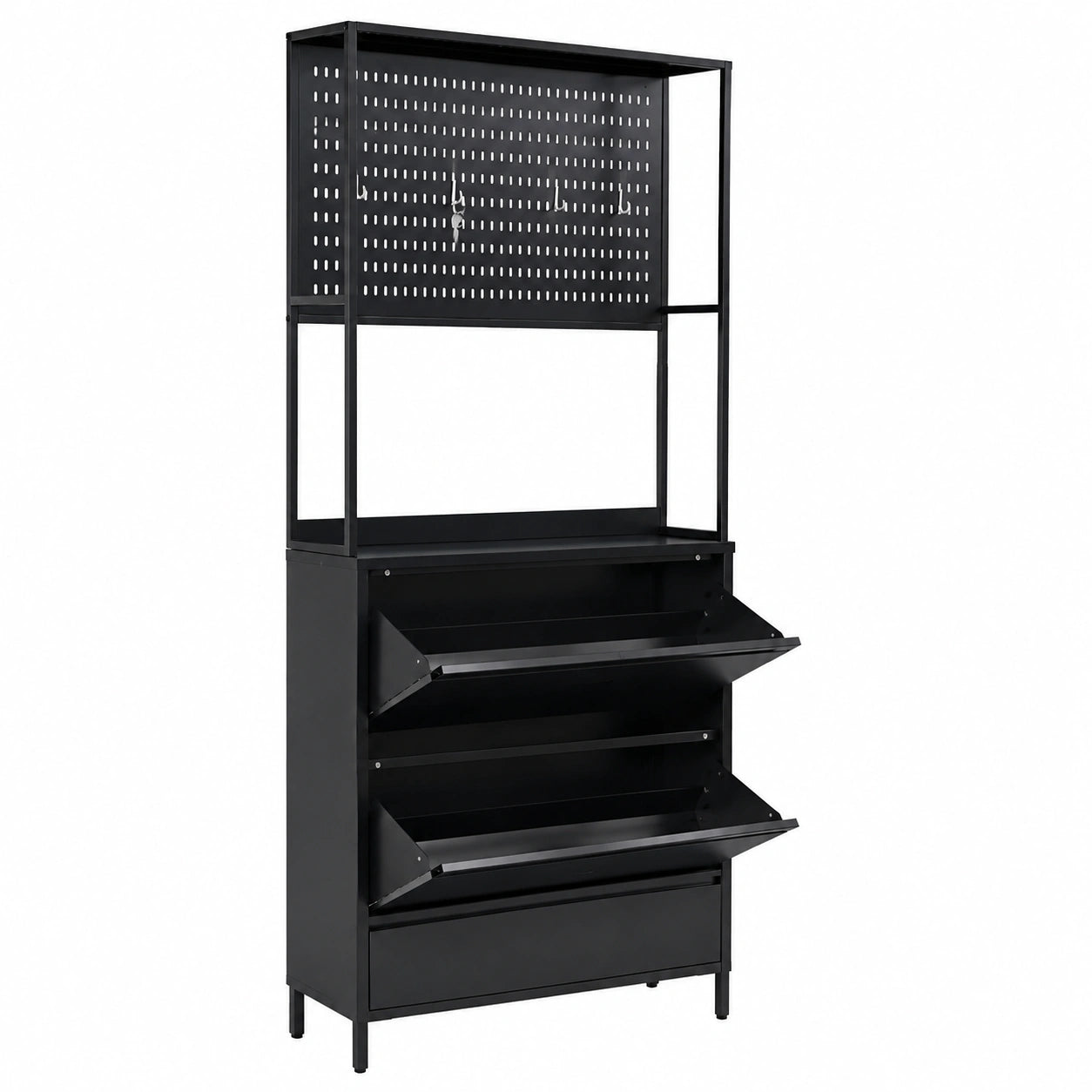 Schuhschrank – 201 × 80 × 20 cm, mit Ablagen, aus Metall, Schwarz