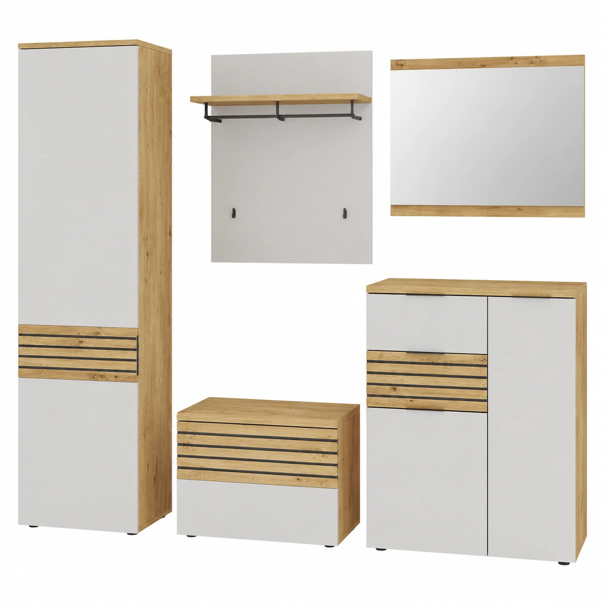 Garderobenset – 5-teilig, 290 × 200 × 38 cm, moderner Stil, aus Eichenholz, Artisan-Eiche, für Flur