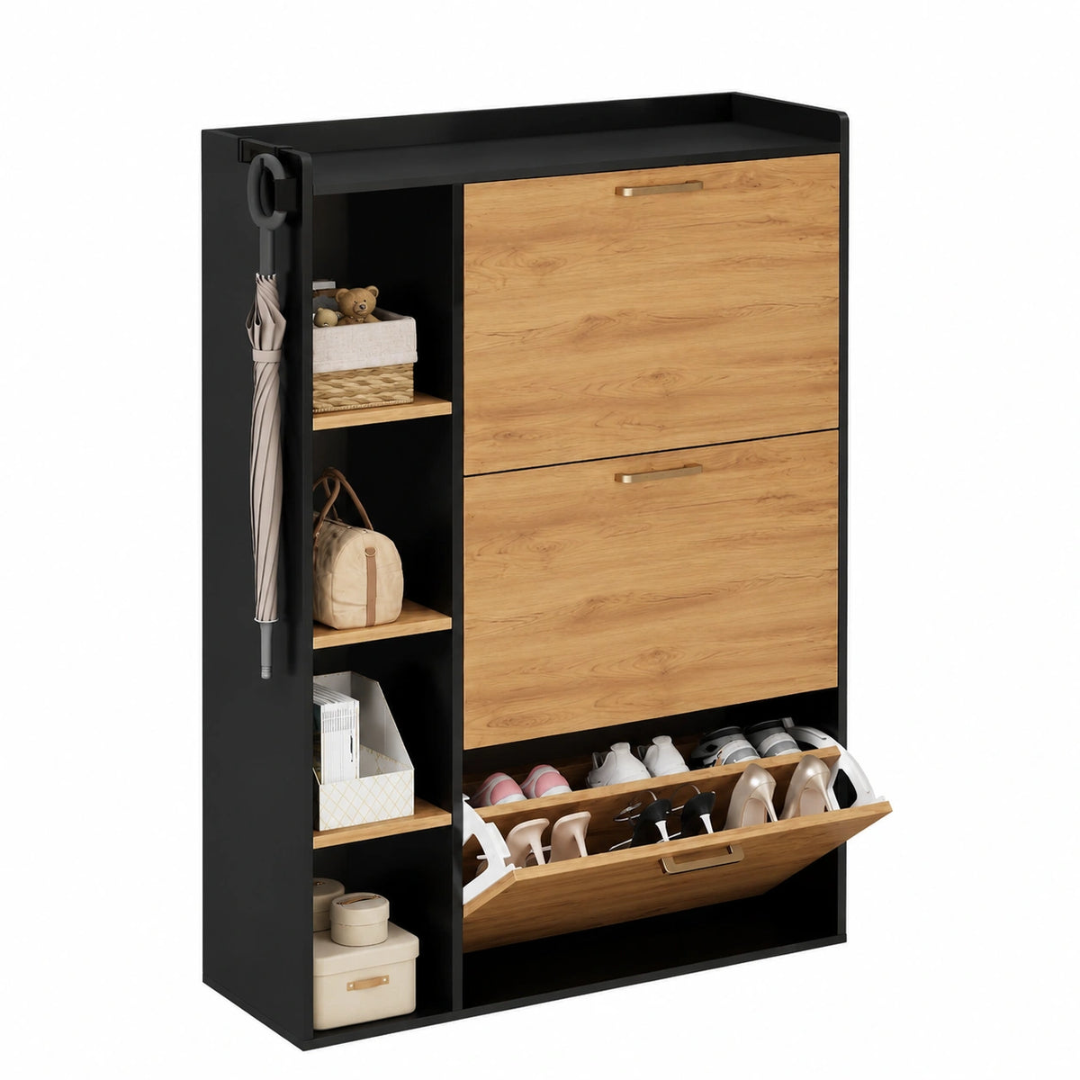 Schuhschrank – 80 × 24 × 122 cm, mit Ablagen, Schwarz und Orange, für Flur