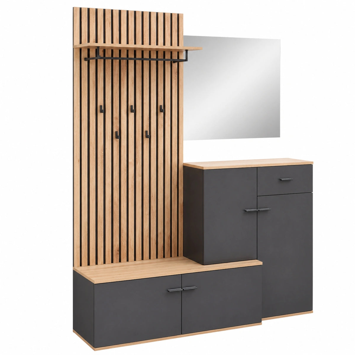 Kompaktgarderobe – 148 × 199 × 38 cm, moderner Stil, aus Eichenholz, Artisan-Eiche und Anthrazit, für Flur