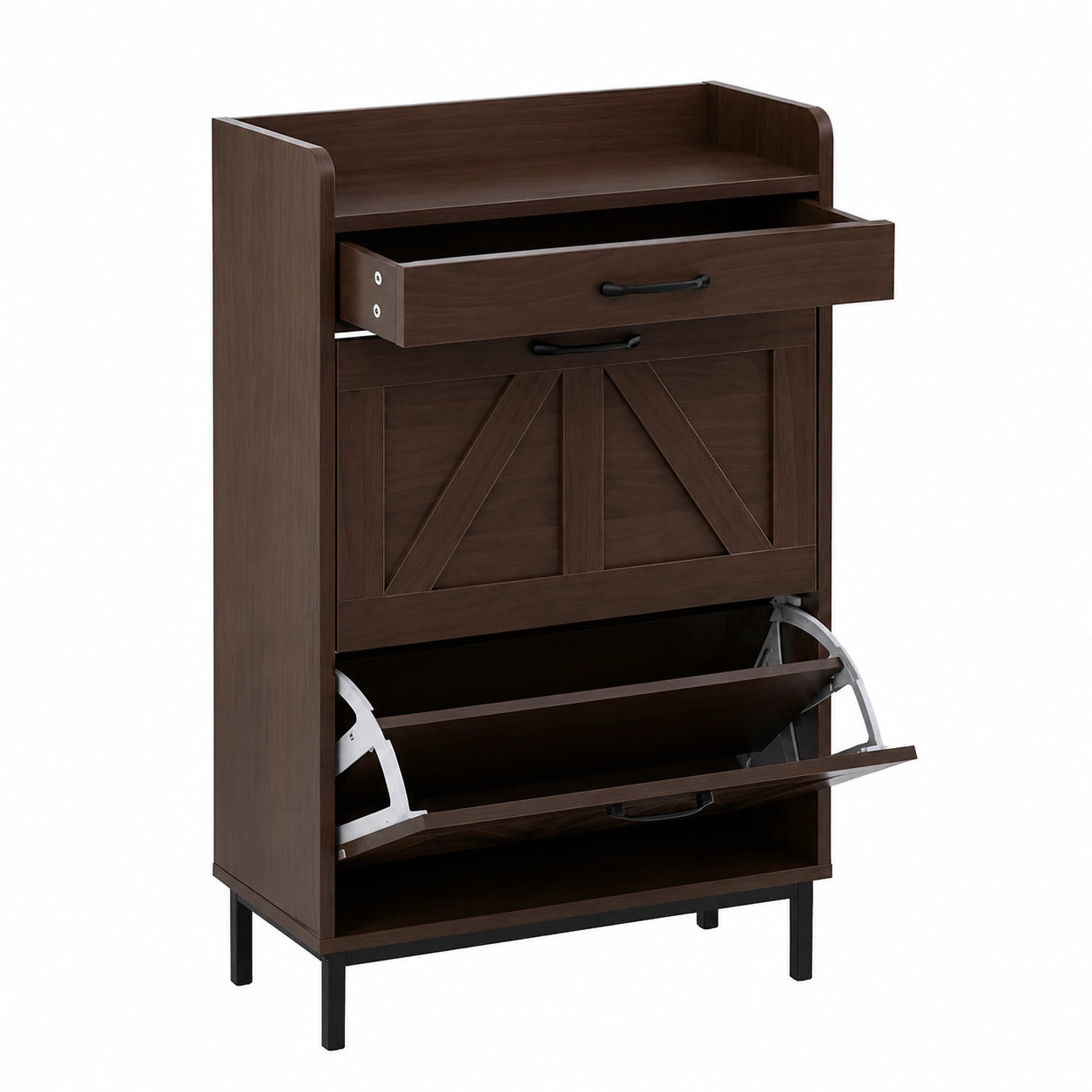 Schuhregal – 95 × 60 × 24 cm, mit Schubladen, mit Ablagen, aus MDF, Walnuss